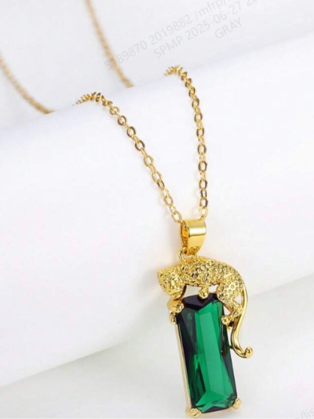 Gold Panther Pendant Necklace with Emerald Green Rectangular Crystal